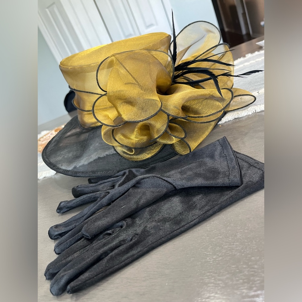 Elegant Black and Gold Hat with Gloves/ Homecoming or Sunday best